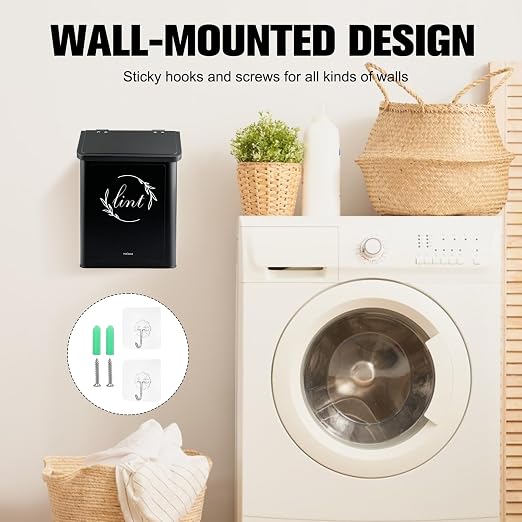 Magnetic Lint Bin for Laundry Room, Metal Lint Trash Can for Dryer | Metal construction, magnetic or wall-mounted, includes lint brush, flip lid, space-saving for laundry rooms, black finish