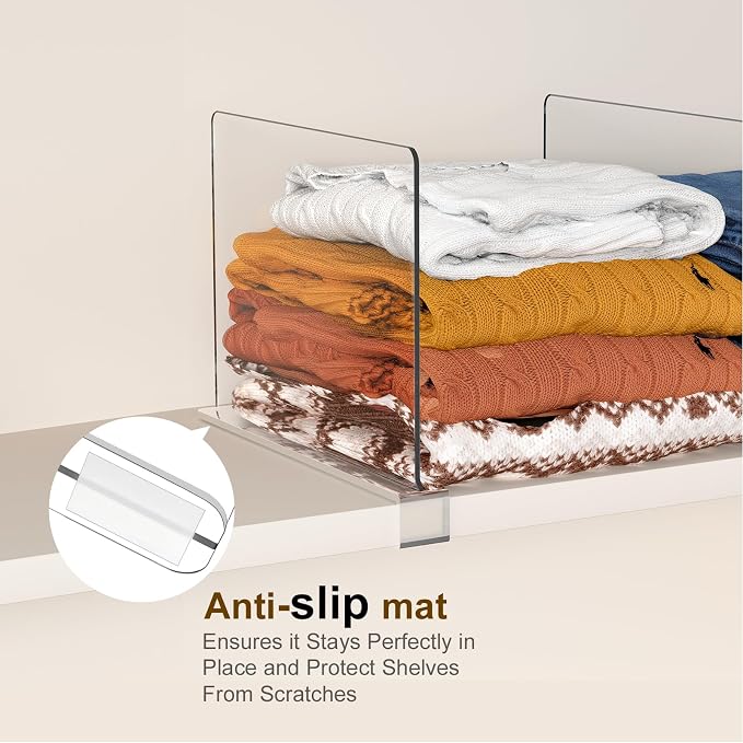 Purse Organizer for Closet Shelf Dividers: 11-inch Tall (Higher Version) Adjustable Clear Acrylic Bag Storage Organizer for Handbags, Sweaters, Towels, Jeans and Shoes on Wood Shelves 4-Pack
