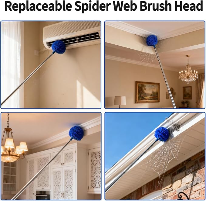Cobweb Duster with Extension Pole, Washable Cleaning Duster Kit with 3 Duster Heads, Cobweb Duster, Corner Brush, Gap Dust Cleaner, Telescoping Pole for Ceiling Fan, Long Duster for high Ceilings