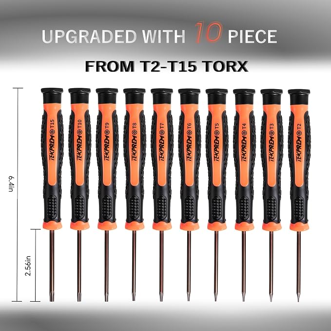 TEKPREM 10 in 1 Small Torx Screwdriver Set of T2-T15, T2 T3 T4 T5 T6 T7 T8 T9 T10 T15 Torx Security Bits Complete Star Repair Kit for Apple,Macbook,Xbox,PS3,PS4,PS5,Ring Doorbell, Computer,Knives