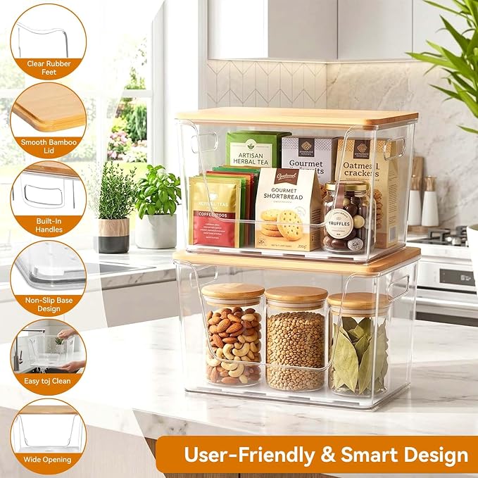 2-Pack Trash Bag Holder Dispenser with Bamboo Lid | Stackable Dispenser, Clear Plastic Organizer for Under Sink, Kitchen, Pantry, Laundry Room, Fits 13, 30, 33 Gallon Bags