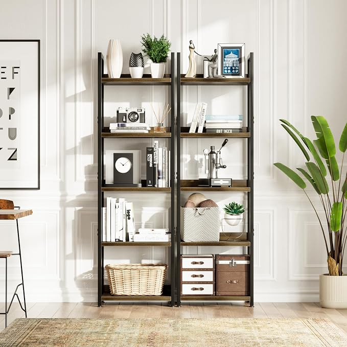 NUMENN Narrow Bookshelf, 5 Tier Freestanding Shelving Unit, Dark Walnut | Metal Frame & Wood Shelves, Falling Prevention Baffle, Open Storage Bookcase for Bedroom, Living Room & Home Office