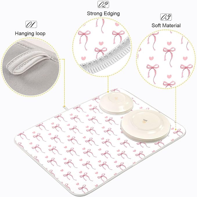 Pink Ribbon Bow Dish Drying Mat Quick Absorbent 18x24 Cute Bow Tie White Kitchen Drying Mat for Countertop Sink Reusable Dishes Mats Kitchen Essentials