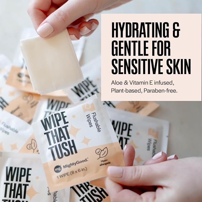 Wipe That Tush On-The-Go Flushable Wipes - 1 Packs of 30 Individually Wrapped Travel Wipes - Fragrance Free & Hypoallergenic - Extra Large & Soft - Aloe & Vitamin E - Septic-Safe - Travel Essentials