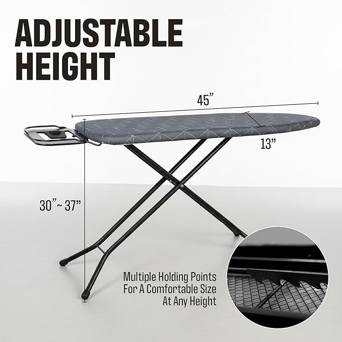 Ironing Board with Iron Rest - 45 x 13 Inch Adjustable Height Steel Mesh Board - Foldable Laundry Room Station with 2-Layer Padded Gray Hexagon Cotton Cover