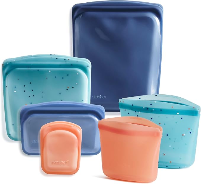 Stasher Premium Reusable Silicone Bags, 6-Pack Starter Kit, Sea Spray | Food-Safe Silicone, BPA-Free, Leak-Free, Eco-Friendly, Dishwasher, Lunch Bag, Travel Containers, Meal Prep, Food Storage