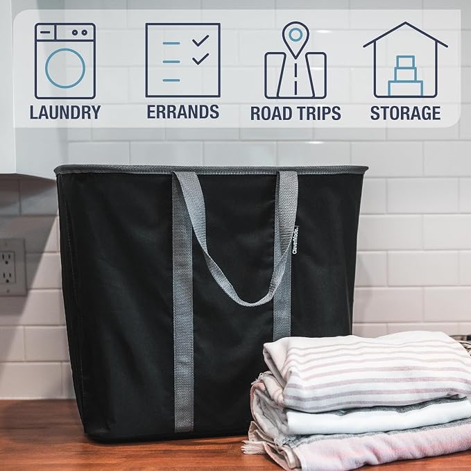 CleverMade Collapsible Laundry Caddy, 64L, 2 Pack, Denim Gray | A reinforced rim and base keep it upright for loading. Comfortable handles move up to 2 full loads, then it folds flat.