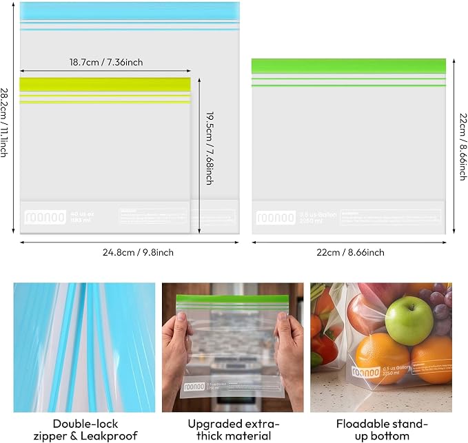 24 Pack Reusable Food Storage Bags Stand Up, Dishwasher Safe BPA Free Gallon Freezer Bags, Extra Thick Leakproof Ziplock Sandwich Snack Bags for Meal Prep Travel（8 Gallon,8 Half Gallon, 8 Sandwich)
