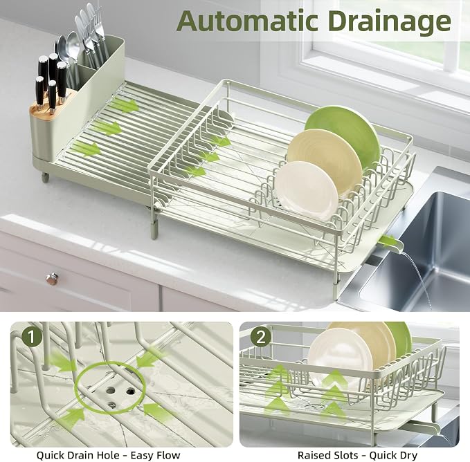 Urackify Large Dish Drying Rack, Expandable Dish Racks for Kitchen Counter, Multifunctional Dish Drainer with Utensil Holder & Cup Holder, 18.5"-26.7" L x 12.7" W, Soft Celery Green