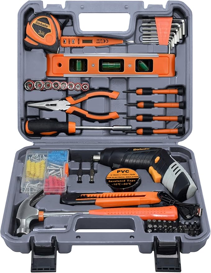SOLUDE 130-Piece Home Tool Kit with 3.6V Cordless Rechargeable Screwdriver,Basic Household Tool Set for New Home,Apartment,College Dorm and DIY Projects(Grey)