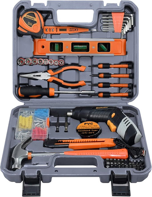 SOLUDE 130-Piece Home Tool Kit with 3.6V Cordless Rechargeable Screwdriver,Basic Household Tool Set for New Home,Apartment,College Dorm and DIY Projects(Grey)