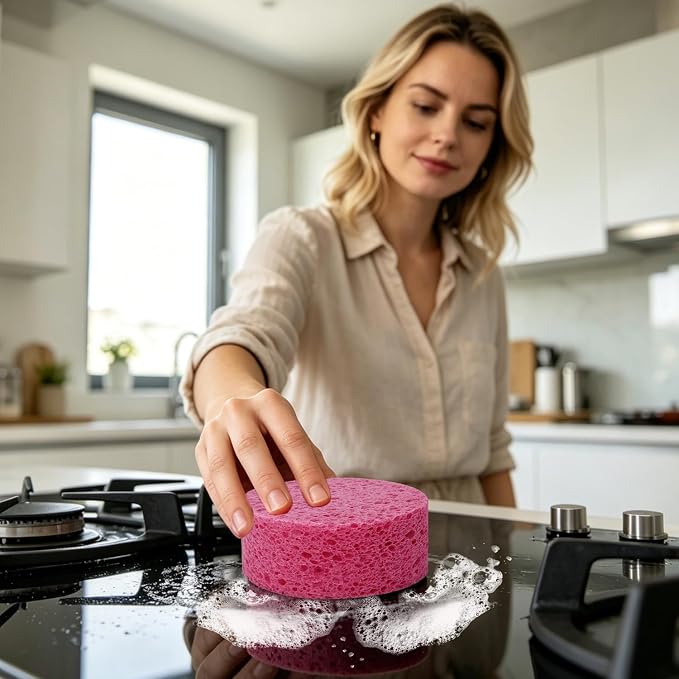 3-Pack Large Sponge, Kitchen Sponges, Handy Sponges, Cellulose Sponges, Dish Washing Sponge, Natural Sponge, Car Washing Sponge, Eco Friendly Sponge (Round, 4" X 4" X 2"), Pink