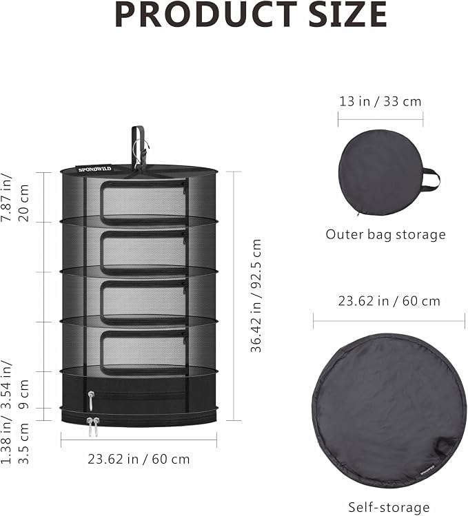 Herb Drying Rack Hanging Mesh, 2ft Diameter 5 Layer Plant Drying Rack with Door Type Zipper & Closed Storage Compartment for Folding Basket Dryer Fiting in Grow Tents, Garden Outdoor