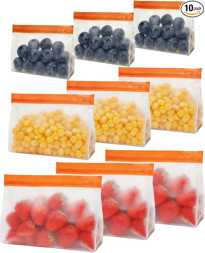 PABCK 9Pcs Reusable Silicone Produce Freezer Bags Self Seal Orange 3S+3M+3L | Stand Up Freezer Food Storage Bags Leakproof Resealable Bag for Sandwich Smell Proof Fridge Organization for Lunch Travel