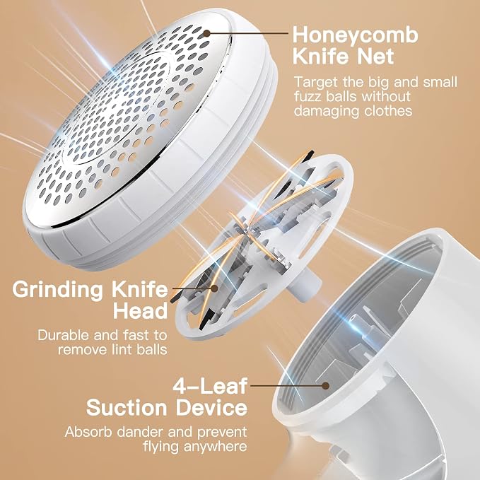 Ruidla Fabric Shaver Lint Remover,Sweater Shaver with Replaceable Stainless | Steel 6-Leaf Blades, Fabric Defuzzer for Clothes Fuzz, Lint Balls - Battery Operated(White)