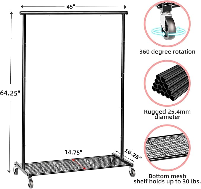 Ekisemio Clothes Rack for Hanging Clothes, 64.25 Inch Clothing Racks with Wheels, Portable Rolling Clothes Garment Rack for Bedroom, Laundry, Living Room, Black