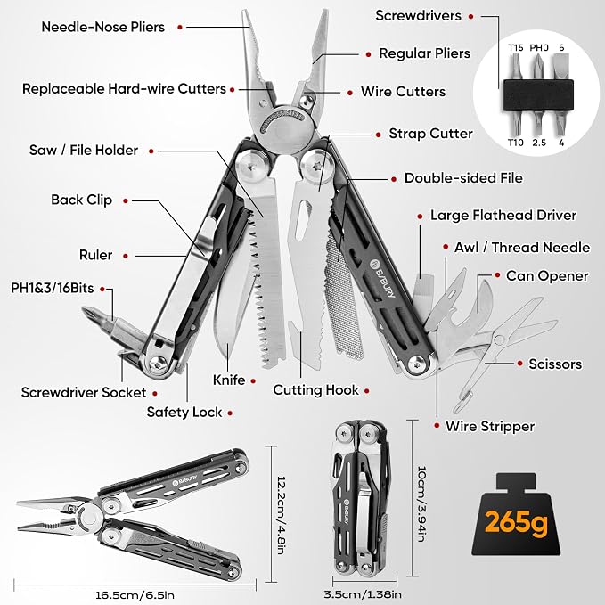 BIBURY 22-in-1 Titanium Plated Multitool Pliers with Scissors,Self-locking | Stainless Steel Foldable EDC Multi tools Pliers with Sheath for Outdoor Hunting Survival Camping Simple Repair