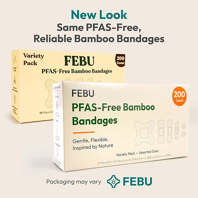 FEBU PFAS Free Bamboo Fabric Bandages, 200 Count Bulk Variety | Eco-Friendly, For Scrapes & Cuts, Flexible Fabric, Fully Compostable, Latex Free