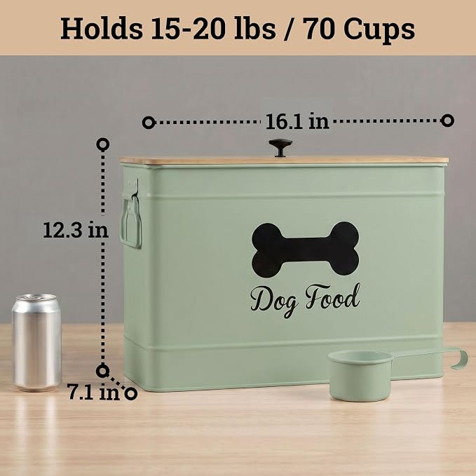 Dog Food Container Airtight Bamboo Lid 15-20 lb Sturdy Metal Handle 70 Cups | Pet Jar For Dogs up to 100lbs, Airtight Bamboo Lid, Sturdy Comfortable Metal Handle, Powder Coated Iron, Kibble Storage Bin
