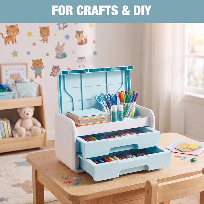 WORKPRO Small Storage Box with 2 Drawers and Flip-Top Lid | ABS Storage Case, PP Feet Pads, Arts and Crafts, Beads, Sewing Supplies, DIY Material Organization