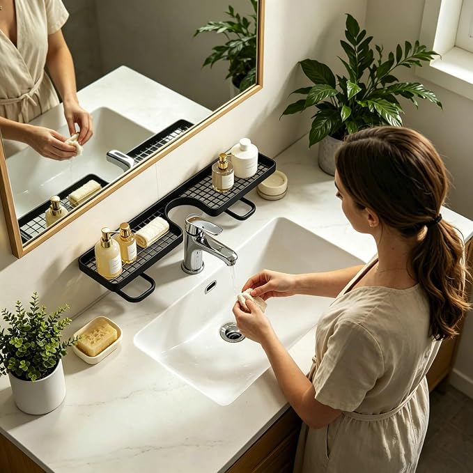 Over Sink Faucet Storage Rack, No Drill Free Standing Faucet Organizer Shelf with Drainage Design, Space Saving Countertop Storage for Kitchen and Bathroom (Black)