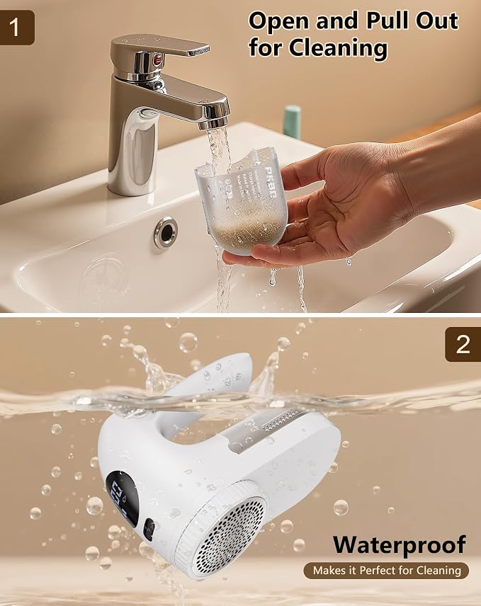 PKBD IPX6 Waterproof Washable Electric Fabric Shaver and Lint Remover, Rechargeable Sweater Defuzzer with 3 Free Extra Blades, Quickly and Effectively Remove Fluff, Fuzz, Bobbles for Clothes, White