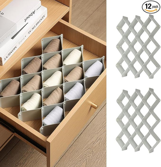 ROUFA Sock Drawer Organizer for Dresser, Honeycomb Underwear Dividers for Women, Panty Separator for Bras, Socks, Belt and Leggings (2 Sets/12pcs,Grey)