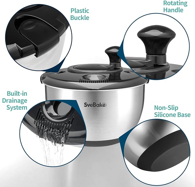 Stainless Steel Salad Spinner, 4.8 Qt Vegetable Washer, BPA-Free Lettuce Dryer with Crank Design, Dishwasher Safe, Non-Slip Base - Black Lid
