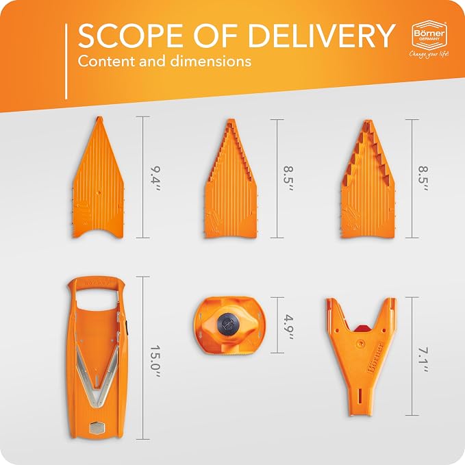 Börner Mandoline Slicer V5 (Starter Set) • Vegetable V-Slicer for Slices, Sticks & Dices in Various Sizes • With Stainless Steel V-Blade • Adjustable Kitchen Slicer • Color: Orange