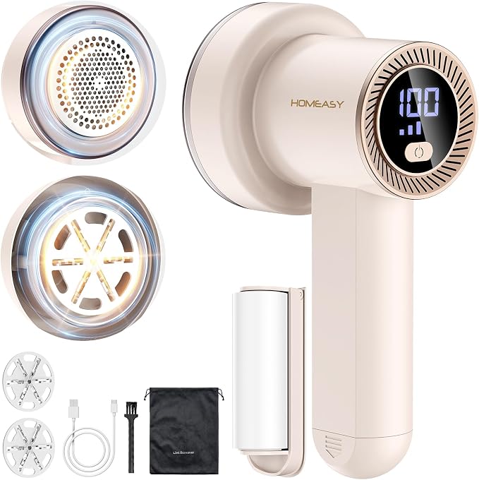 HOMEASY Fabric Shaver, Rechargeable Lint Remover for Clothes Pink | Electric sweater shaver and depiller for Furniture with 70mm head, 6-leaf blades, LED battery display and Type-C charging