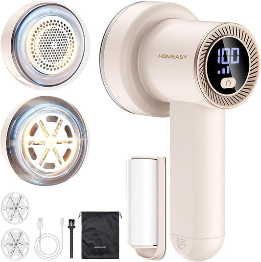 HOMEASY Fabric Shaver, Rechargeable Lint Remover for Clothes Pink | Electric sweater shaver and depiller for Furniture with 70mm head, 6-leaf blades, LED battery display and Type-C charging