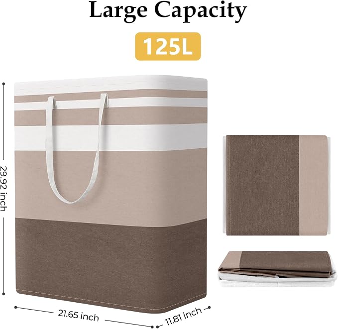 StorageRight Laundry Basket Hamper, 125L Collapsible Clothes Storage, Khaki | Freestanding Clothes Hampers, Foldable design, with Easy Carry Handles, For Laundry, Bedroom, Dorm, Clothing, Towels, Toys