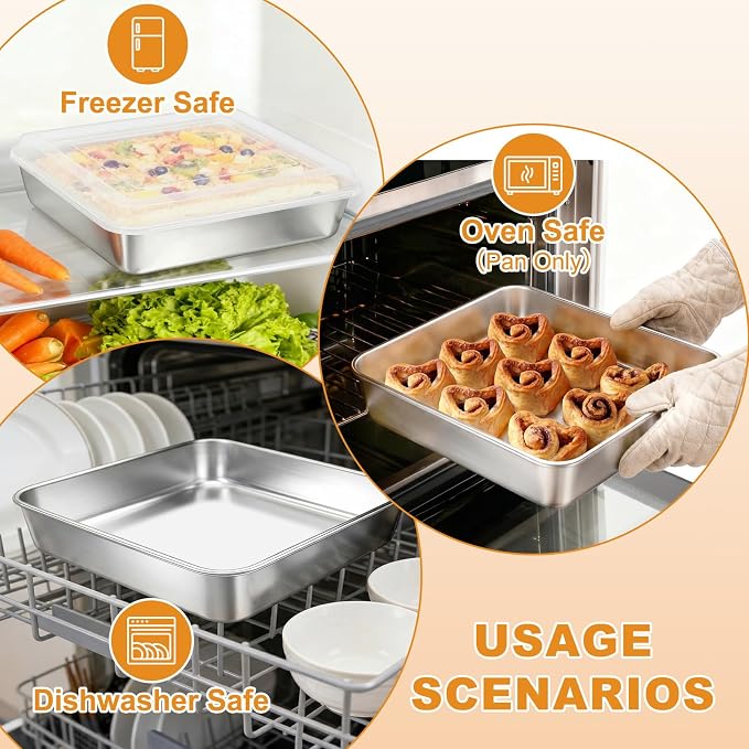 Stainless Steel Baking Pan with Lid, 8 x 8 x 2 Inch Deep Square Cake Pan with Cover, Non-toxic&Healthy Bakeware Set of 2, Easy Clean, Dishwasher & Oven Safe, for Cakes, Brownies(2Pans+2Lids)