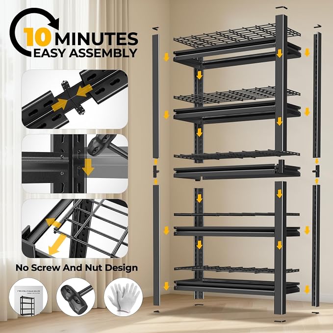 Auto Dynasty 5-Tier Storage Shelves, 72" H Heavy Duty(3000LBS Capacity) Adjustable Garage Shelving, Metal Storage Utility Rack Shelf Unit for Pantry Kitchen Warehouse, 72" H x 35" W x 16" D, Black