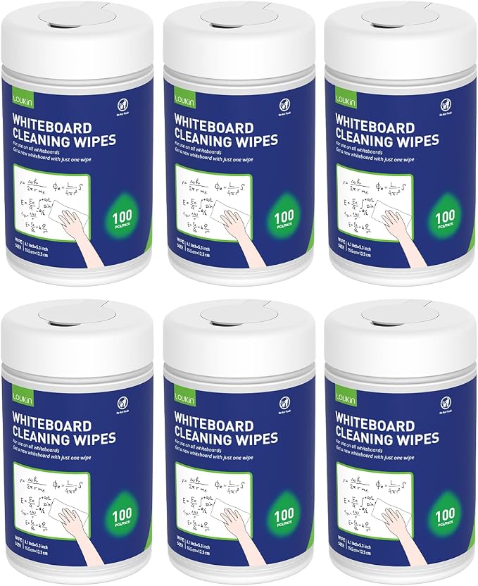 loukin Whiteboard Cleaning Wipes, Dry Erase Board Cleaning Wipes, Non-toxic White board Wipes, 100 Wipes per Canister, 6 Pack