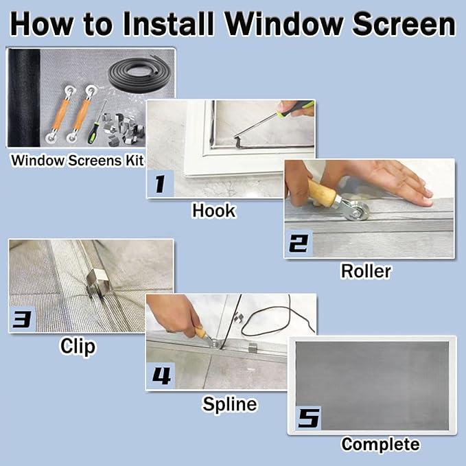 King&Charles Window Screen Replacement, 6in1 Window Screen Door Repair Kit | 48"x118" Black Screen Mesh, Steel&Nylon Bearing Roller, 0.14in x 50ft Spline, 8 Clips & Hook for Windows, Doors, Patio & RV