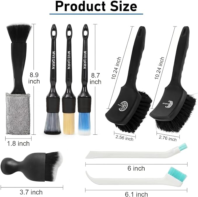 MVEQRRN 9PCS Car Detailing Brushes Set, Boar Hair Detail Brushes,Car Detailing Wheel Kit (Black) | Ultra Soft No Scratch, Car Dust Brush,Car Detailing Brushes Kit, Detail Brushes Car Detailing for Interior Exterior
