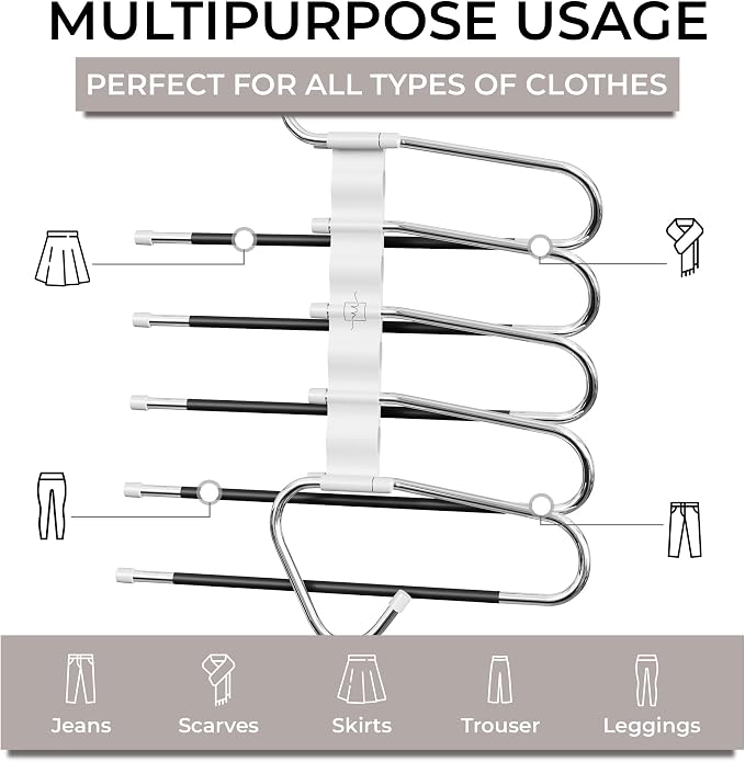 MORALVE Pants Hangers Space Saving - 2 Pack - Non-Slip Multi-Layer Space Saving Hangers - Multifunctional Clothing Rack for Closet Storage - Ideal for Jeans, Trousers, Skirts, Scarves & Slacks (White)