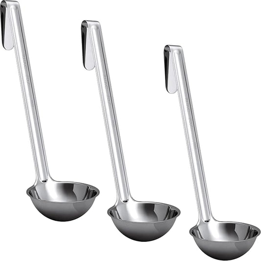Super Sturdy, Ergonomic 2 Oz. Soup Ladle 3 Pk. Stainless Steel Ladles with Long Handles. Best Kitchen Accessories for Stirring, Portioning and Serving Soups, Chili and Stew in Restaurants and at Home