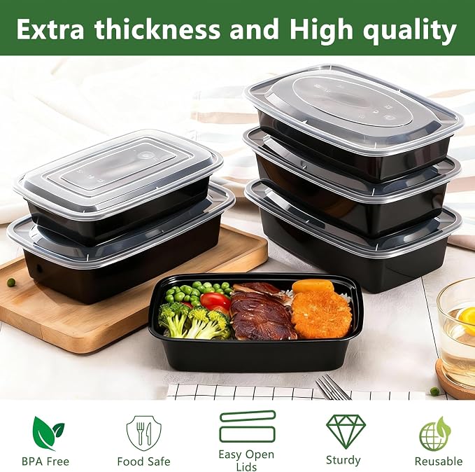 Qewro 10Pack 35oz Meal Prep Containers Disposable Food Storage Containers with Lids, 1-Compartment Food Storage Plastic Stackable To Go Boxes Microwave, Freezer, Dishwasher Safe