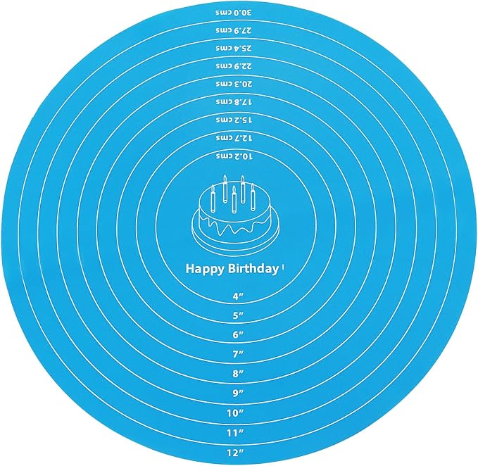 12 Inch Round Silicone Cake Mat with Measurements, Non-Stick Baking Mat for Cake Turntable, Dough Rolling, Cookies & Pizza, Heat Resistant Reusable Pastry Pad(Blue)