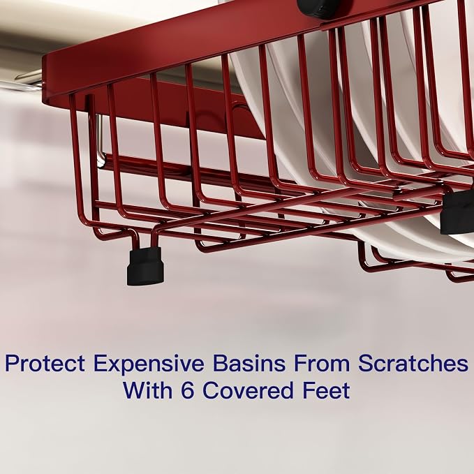 MAJALiS Red Dish Drying Rack Over The Sink with Utensil Holder | Expandable Stainless Steel Dish Drainer for Small Kitchen, Apartment, RV, Counter Space Saving, Perfect Fit, Rustproof