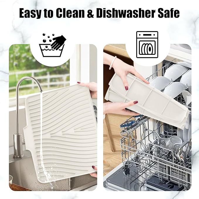TIKNIK Silicone Dish Drying Mat for Kitchen Counter - Heat Resistant & Non-Slip Dish Drain Pad with Built-In Drain, Dishwasher Safe, Quick-Dry, Hangable & Roll-Up for Storage, Cream-2pcs, 16" x 12"