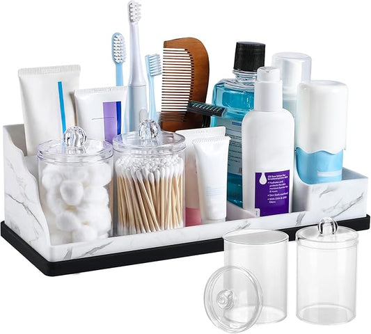 Bathroom Counter Organizer,Toothbrush Holder with 2PCS Qtip Holder Dispenser,Stylish Countertop Bathroom Sink Caddy and Toothpaste Holde,Counter Vanity Organizer for Toiletries and Accessories