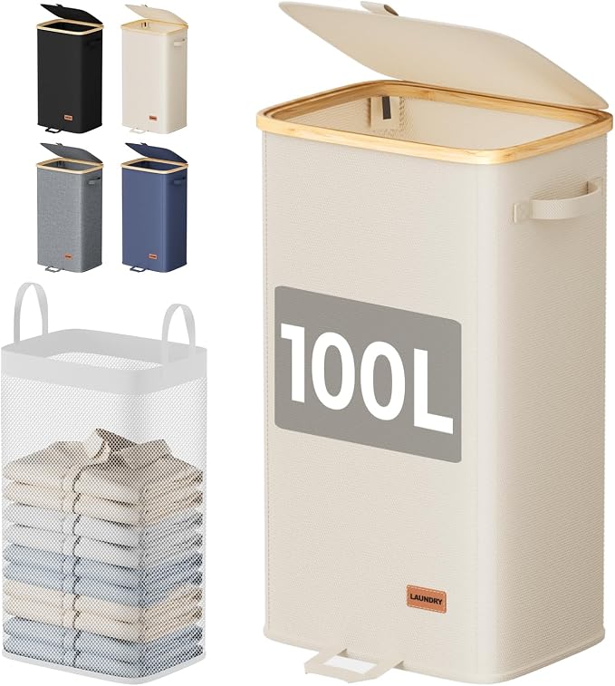 100L Laundry Hamper with Lid, Large Hamper for Clothes, Off White | Elegant bamboo appearance, Foot Loop, Removable Bag Easy to Lift and Carry, Bathroom, Bedroom, Laundry Room, Dorm