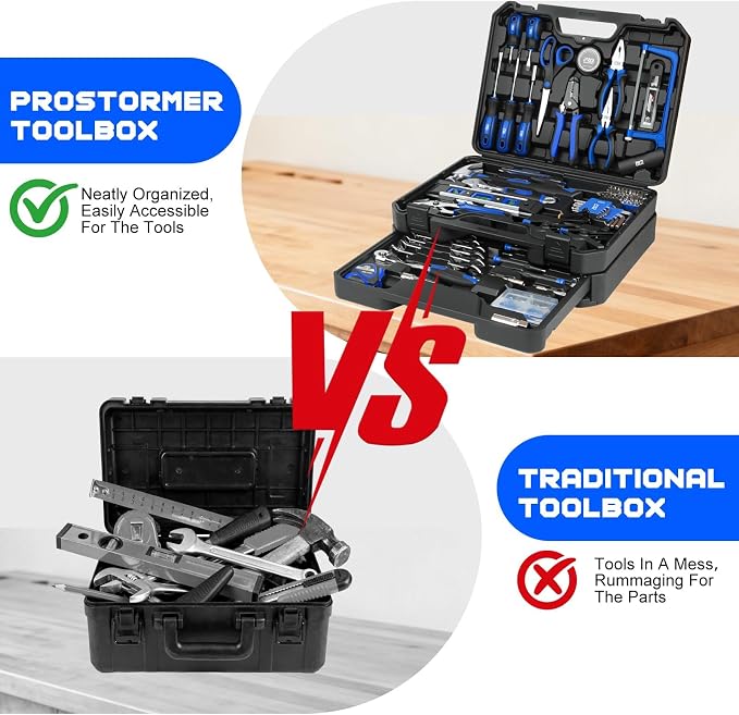 Prostormer 269-Piece Tool Set, Complete Home Tool Kit, Blue | Includes 72-Tooth Ratchet, Sockets, Combination Wrenches, Assorted Tools for Home DIY and Auto Repair