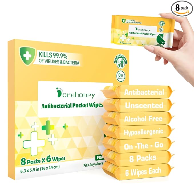 Travel Antibacterial Hand Wipes, 99% Water Hand Sanitizer Wipes, Safe for Sensitive Skin & Hypoallergenic Hand Sanitizing Pocket Wipes, 48 Count (8 Packs of 6)