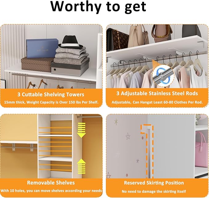 Closet System with Drawers, 5-8FT Closet Organizer Systems with Expandable Hanging Rods, 91.36" Closet Shelving Systems for Walk in Closets, Heavy Duty Wall Mount Closet Systems-White