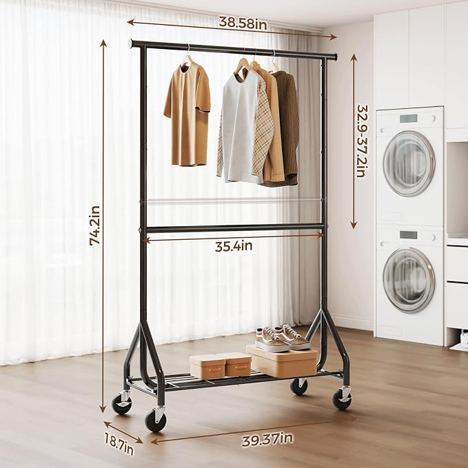 HYSEYY Heavy Duty Clothes Rack, Double Rod Clothing Rack for Hanging Clothes, Rolling Garment Rack, Adjustable Freestanding Wardrobe Closet Coat Rack for Bedroom Laundry Living Room, Black