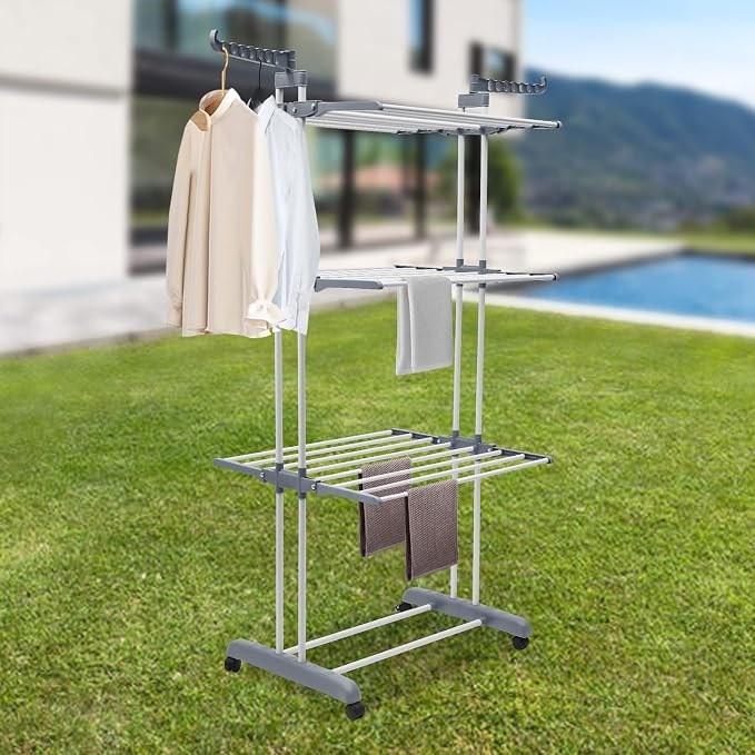 Clothes Drying Rack, 4 Tier Foldable Laundry Drying Rack, 67.72 inch Tall Movable Clothes Airer with Two Side Wings, Metal Clothes Rail for Bedrooms Lofts Balconies Patios Hallways Bathrooms